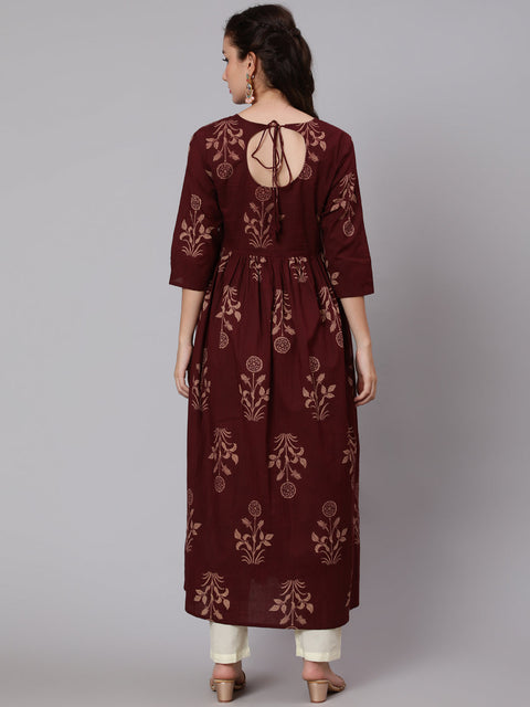 Women Brown Ethnic Printed Kurta With Palazzo And Dupatta