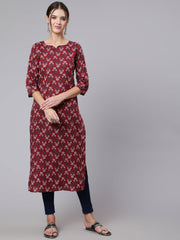 Women  Burgundy Printed straight kurta with three quarter sleeves