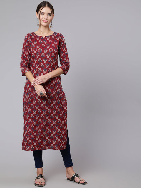 Women  Burgundy Printed straight kurta with three quarter sleeves