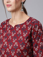 Women  Burgundy Printed straight kurta with three quarter sleeves