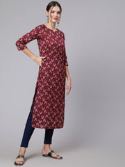 Women  Burgundy Printed straight kurta with three quarter sleeves