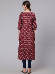 Women  Burgundy Printed straight kurta with three quarter sleeves