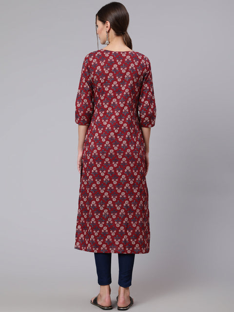 Women  Burgundy Printed straight kurta with three quarter sleeves