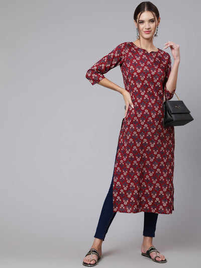Women  Burgundy Printed straight kurta with three quarter sleeves