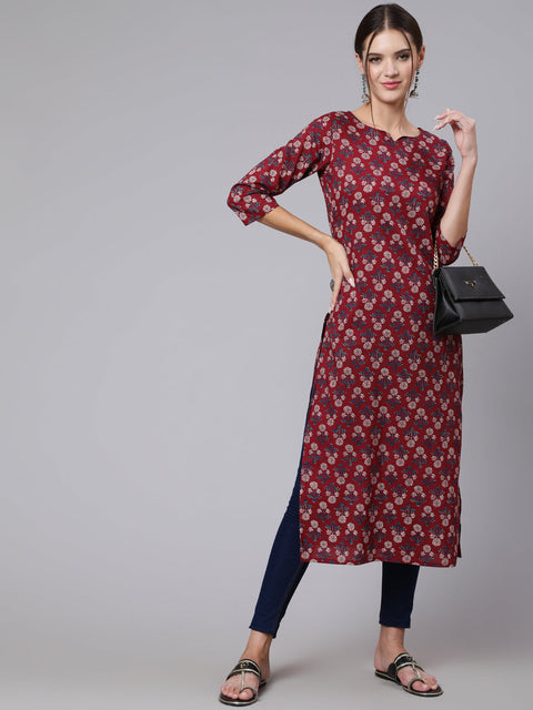Women  Burgundy Printed straight kurta with three quarter sleeves