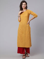 Women Yellow Ethnic Printed Straight Kurta with Three Quarter Sleeves