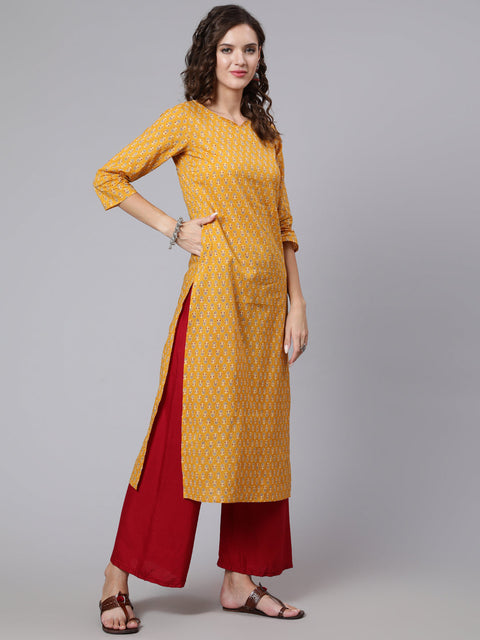 Women Yellow Ethnic Printed Straight Kurta with Three Quarter Sleeves