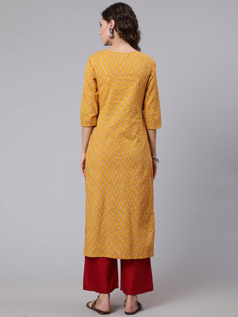 Women Yellow Ethnic Printed Straight Kurta with Three Quarter Sleeves