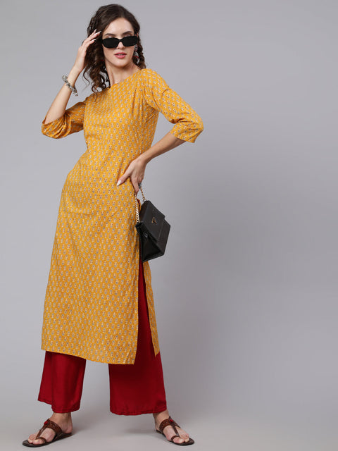 Women Yellow Ethnic Printed Straight Kurta with Three Quarter Sleeves