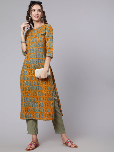 Women Yellow Ethnic Printed Straight Kurta with Three Quarter Sleeves