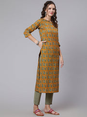 Women Yellow Ethnic Printed Straight Kurta with Three Quarter Sleeves
