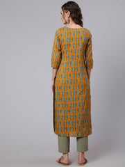 Women Yellow Ethnic Printed Straight Kurta with Three Quarter Sleeves
