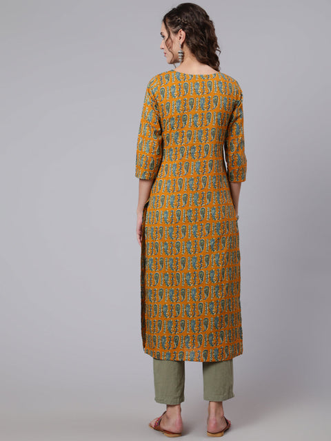 Women Yellow Ethnic Printed Straight Kurta with Three Quarter Sleeves