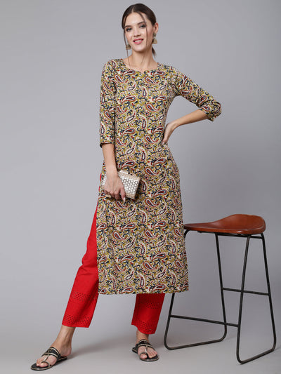 Women Green Ethnic Printed Straight Kurta with Three Quarter Sleeves