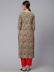 Women Green Ethnic Printed Straight Kurta with Three Quarter Sleeves