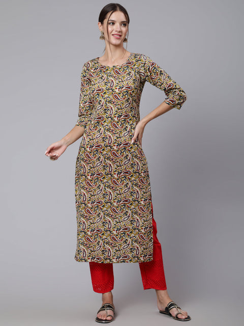 Women Green Ethnic Printed Straight Kurta with Three Quarter Sleeves