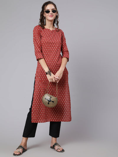 Women Maroon Ethnic Printed Straight Kurta with Three Quarter Sleeves