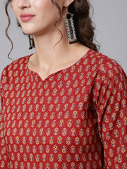 Women Maroon Ethnic Printed Straight Kurta with Three Quarter Sleeves