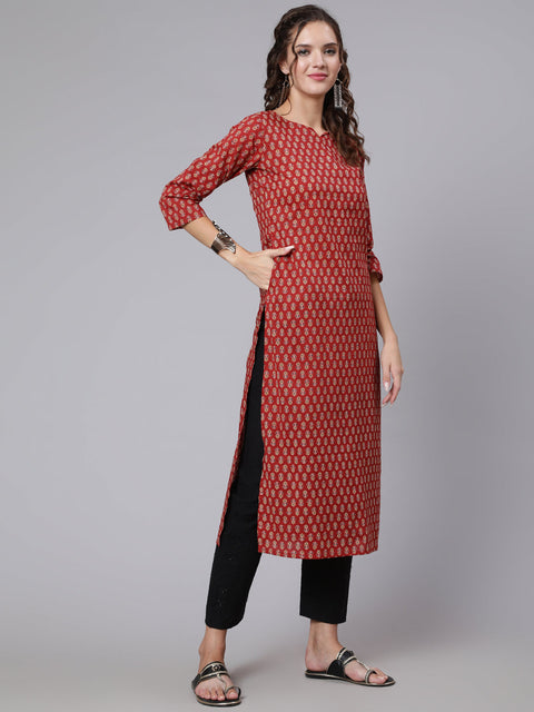 Women Maroon Ethnic Printed Straight Kurta with Three Quarter Sleeves