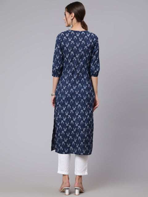 Women Blue Printed straight kurta with three quarter sleeves