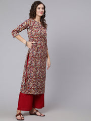 Women Maroon Printed straight kurta with three quarter sleeves