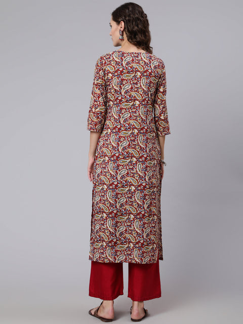 Women Maroon Printed straight kurta with three quarter sleeves