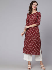 Women Burgundy Ethnic Printed Straight Kurta with Three Quarter Sleeves
