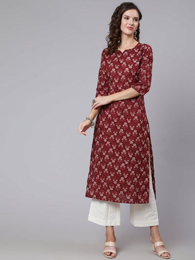 Women Burgundy Ethnic Printed Straight Kurta with Three Quarter Sleeves
