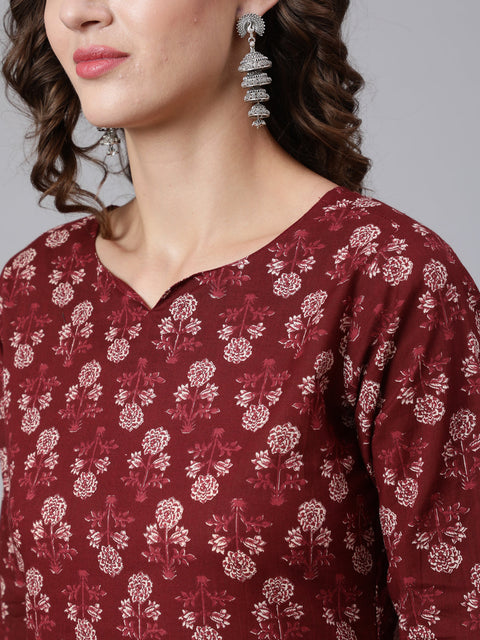 Women Burgundy Ethnic Printed Straight Kurta with Three Quarter Sleeves