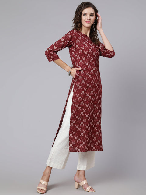 Women Burgundy Ethnic Printed Straight Kurta with Three Quarter Sleeves