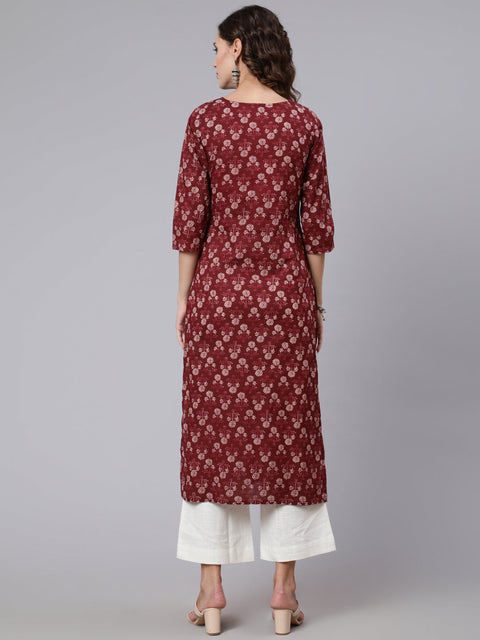 Women Burgundy Ethnic Printed Straight Kurta with Three Quarter Sleeves