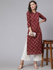 Women Burgundy Ethnic Printed Straight Kurta with Three Quarter Sleeves