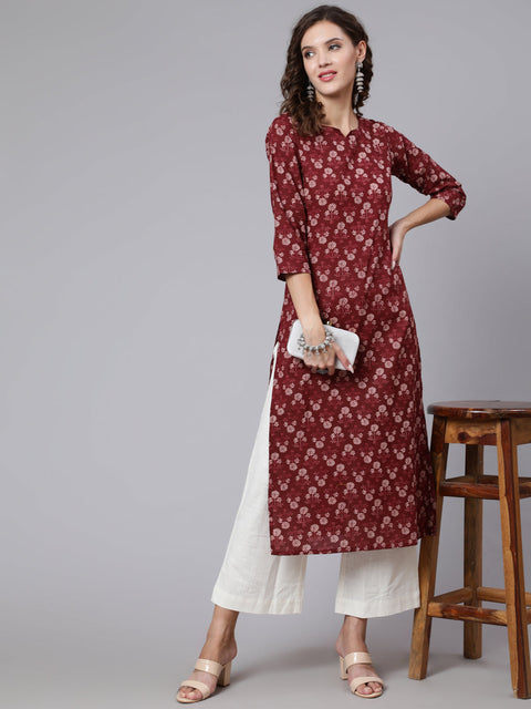 Women Burgundy Ethnic Printed Straight Kurta with Three Quarter Sleeves