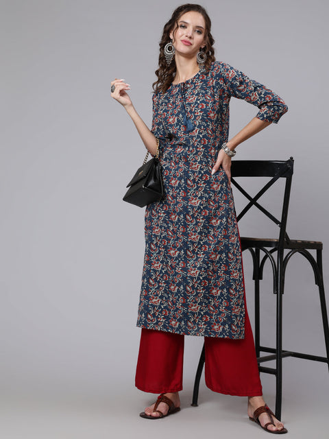 Women Blue Printed straight kurta with three quarter sleeves