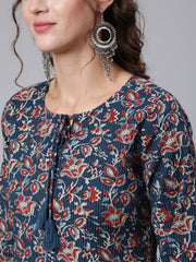 Women Blue Printed straight kurta with three quarter sleeves