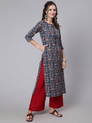 Women Blue Printed straight kurta with three quarter sleeves