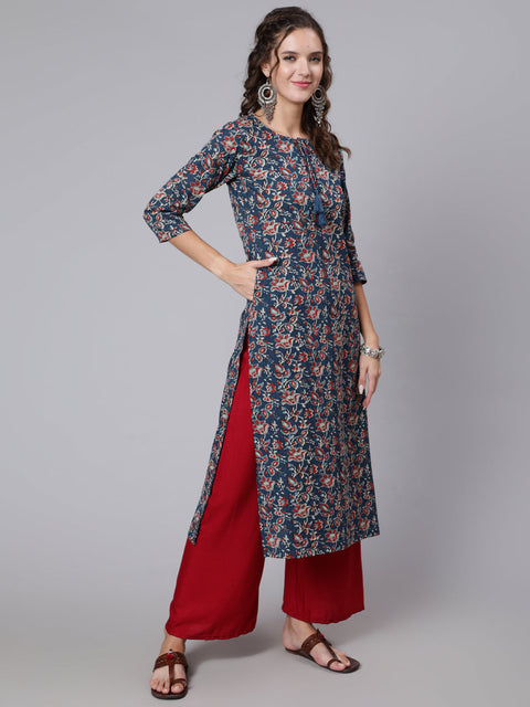 Women Blue Printed straight kurta with three quarter sleeves