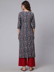 Women Blue Printed straight kurta with three quarter sleeves