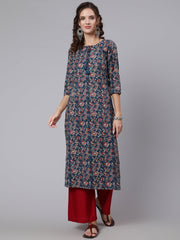 Women Blue Printed straight kurta with three quarter sleeves
