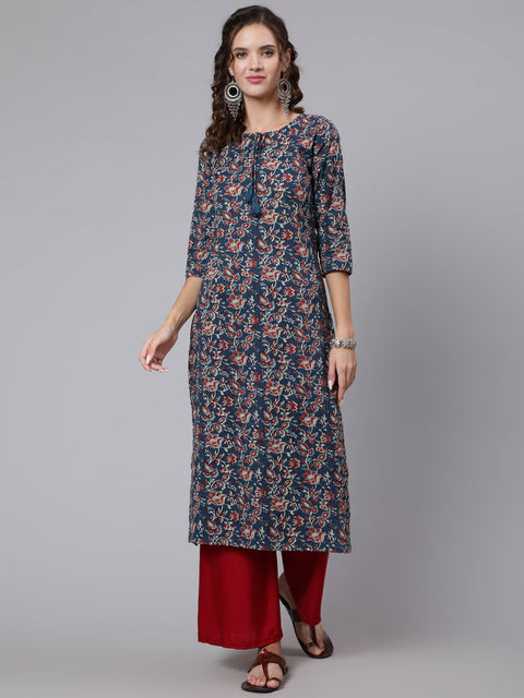 Women Blue Printed straight kurta with three quarter sleeves