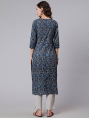 Women Navy Blue Printed straight kurta with three quarter sleeves