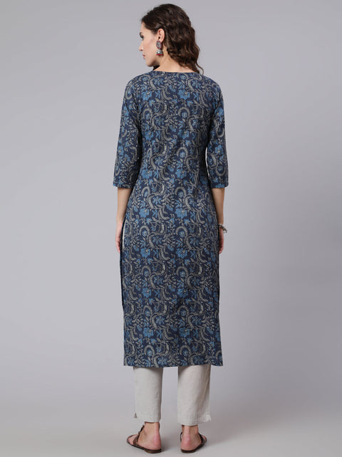 Women Navy Blue Printed straight kurta with three quarter sleeves