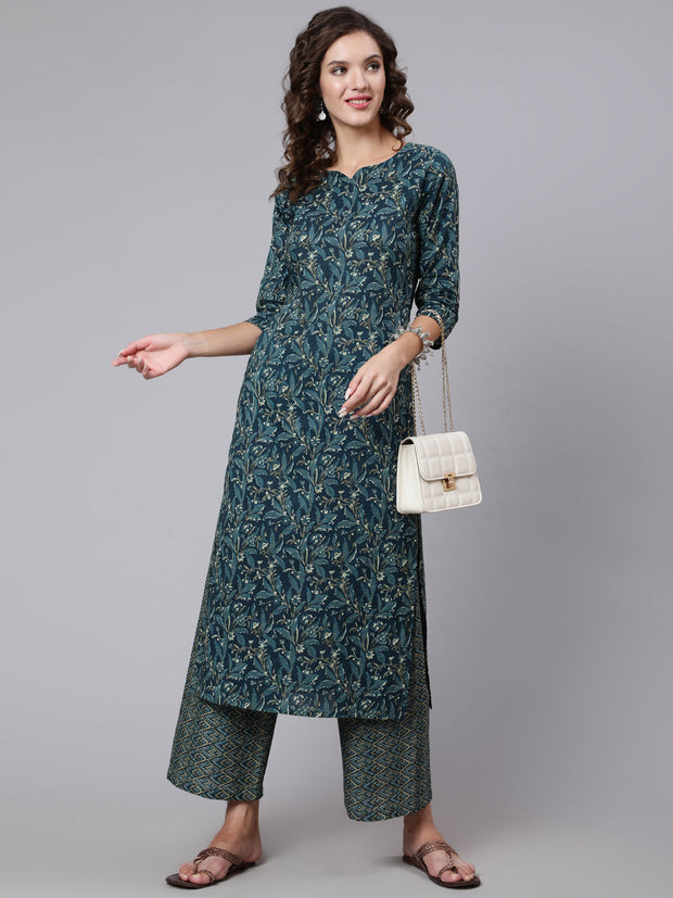 Women Teal Blue Printed Ethnic Kurta With Palazzo
