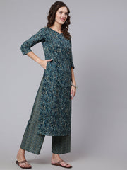 Women Teal Blue Printed Ethnic Kurta With Palazzo