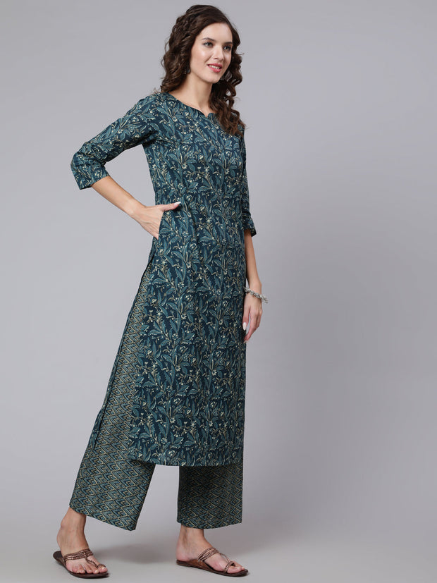Women Teal Blue Printed Ethnic Kurta With Palazzo