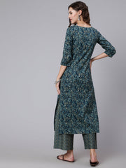 Women Teal Blue Printed Ethnic Kurta With Palazzo