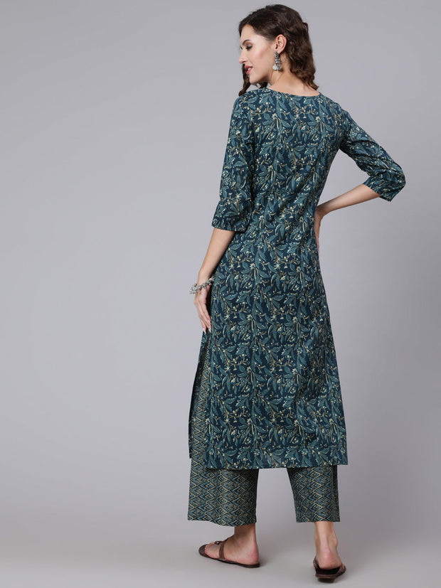 Women Teal Blue Printed Ethnic Kurta With Palazzo