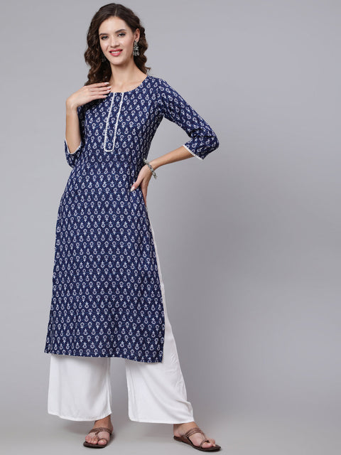 Women Blue Printed straight kurta with three quarter sleeves