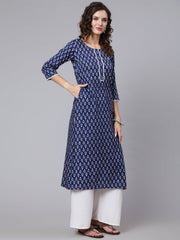 Women Blue Printed straight kurta with three quarter sleeves