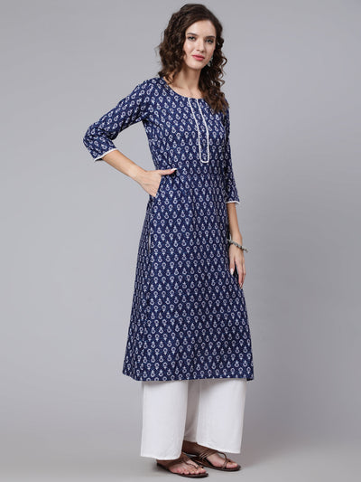 Women Blue Printed straight kurta with three quarter sleeves